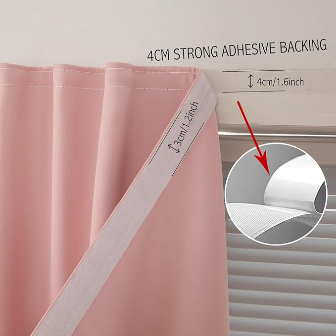 Self Adhesive Blackout Curtains- Stick on Curtains Shades Window Blinds Curtains No Rod Needed Easy to Hang Curtain, Use for Bedroom, Living Room,Roman Shades, 35" W X 79" L, Pink, 1 Panel