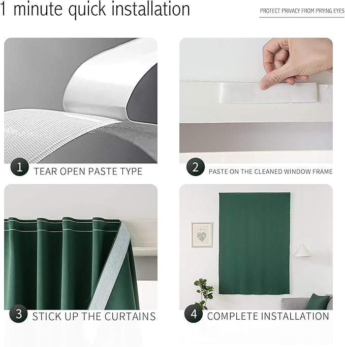 Blackout Curtains for Bedroom Stick On Curtains Window Shades Pull Down Blackout Window Cover No Drillng Self Adhesive Curtains No Rod Small Curtain, 47" W X 71" L, Dark Green, 1 Panel