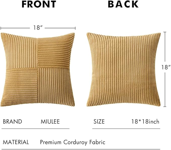 MIULEE Khaki Decorative Throw Pillow Covers 18x18 Inch for Couch Bed Sofa Pack of 2 Boho Farmhouse Throw Pillows Soft Cross Corduroy Patchwork Textured Cushion Cases