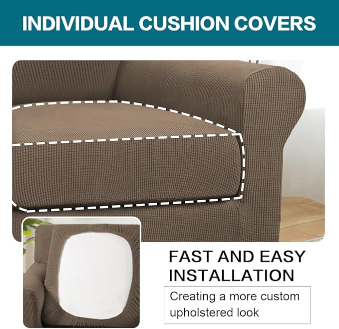 Turquoize 2 Piece Chair Covers Armchair Slipcovers for Living Room Armchair Sofa Cover with Individual Cushion Covers Feature Jacquard Fabric (Chair, Macchiato)