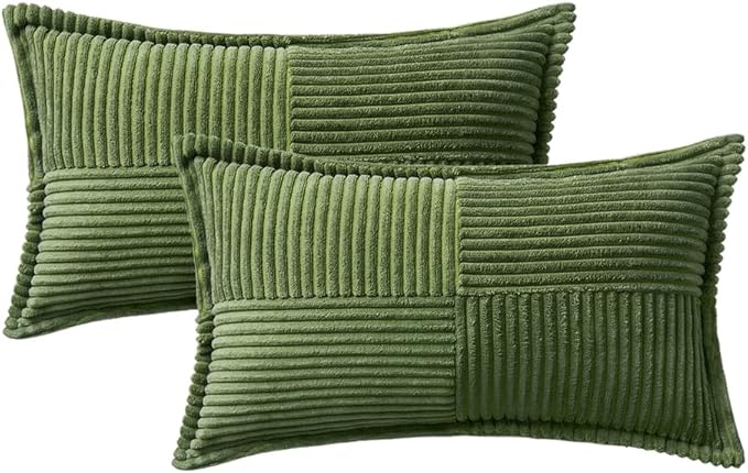 MIULEE Spring Decorative Lumbar Throw Pillow Covers for Couch Bed Livingroom 12x20 Inch Set of 2 Moss Green Boho Accent Throw Pllows Broadside Striped Patchwork Soft Corduroy Summer Pillowcases
