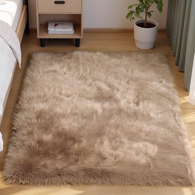 Goolela Fluffy Faux Fur Rug for Bedroom 4x6 Light Brown Beige Sheepskin Fuzzy Furry Soft Rug for Living Room Bedside Dorm Plush Shaggy Washable Rectangle