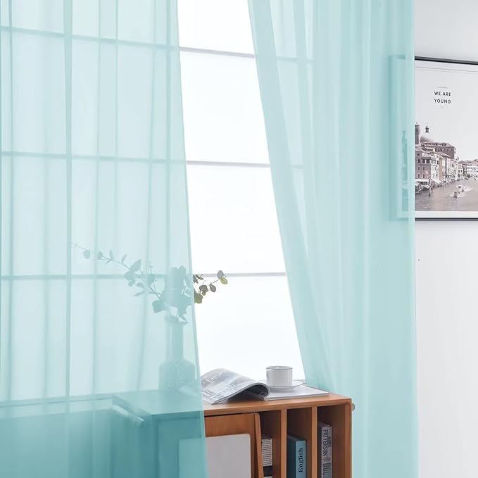 SpaceDresser Basic Rod Pocket Sheer Voile Window Curtain Panels Sky Blue 1 Pair 2 Panels 52 Width 72 Inch Long for Kitchen Bedroom Children Living Room Yard（Sky Blue, 52W x 72L）