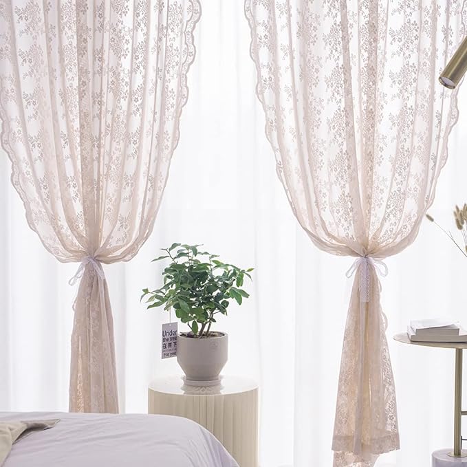 YJ YANJUN Vintage Lace Curtains 84 Inches Long-Victorian Floral Dusty Pink Sheer Curtain Panels for Living Room Bedroom Dining Room, Light Filtering, Shabby Chic Girls Drapes 2 Panels 52W x 84L