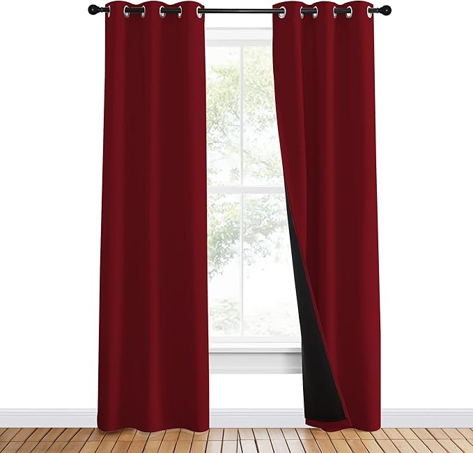 NICETOWN 100% Blackout Curtains with Black Liner Backing, Thermal Insulated Curtains for Living Room, Noise Reducing Drapes for Christmas, Burgundy Red, 37" x 80" Per Panel, Set of 2