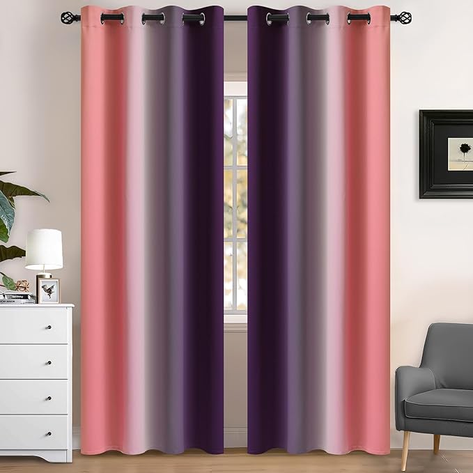 Yakamok Blackout Ombre Dark Pink and Dark Purple Curtains-Gradient Room Darkening Curtain, Grommet Thermal Insulated Light Blocking Window Drapes/Curtains for Living Room Bedroom,52 x 84 Inch,2 Panels