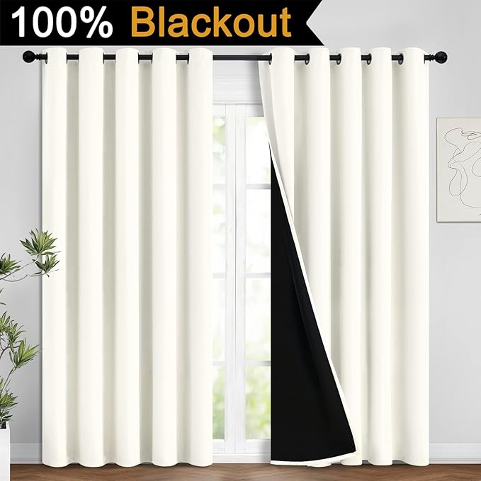 Yakamok 100% Cream Blackout Curtains for Bedroom, Light Blocking Thermal Insulated Noise Reducing Blackout Drapes for Living Room(62Wx96L, 2 Panels)