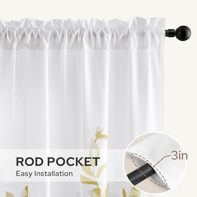 HOMEIDEAS Non-See-Through Gold and White Privacy Sheer Curtains 52 X 96 Inches Long 2 Panels, Leaf Floral Printed Light Filtering Semi Sheer Window Curtains Drapes for Bedroom Living Room