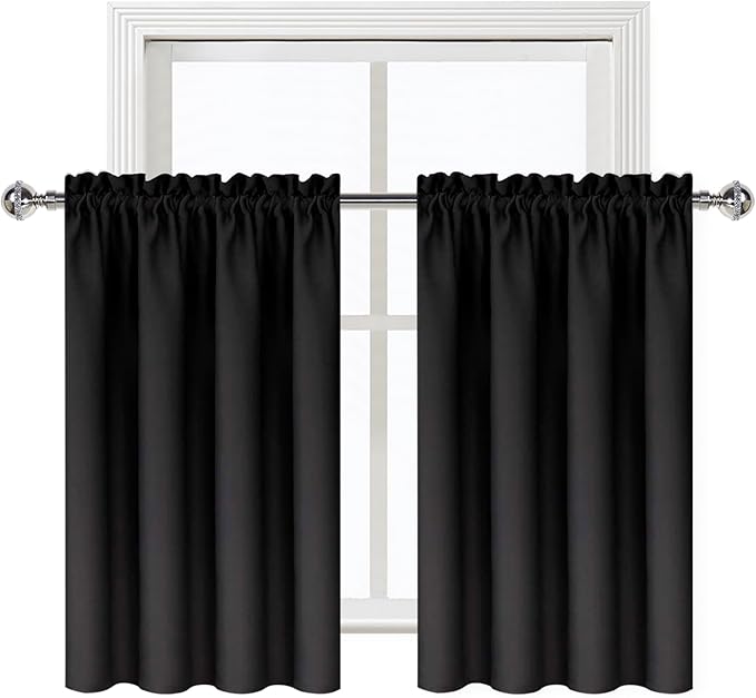 DWCN Black Short Blackout Curtains for Small Window, Thermal Insulated Energy Saving Room Darkening Curtains for Kitchen/Bedroom (W42 x L36 inch, Set of 2 Panels, Top of Rod Pocket)