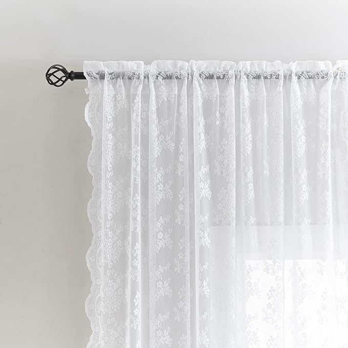 YJ YANJUN Vintage Lace Curtains White Sheer Curtains 96 inches Long 2 Panels Old Fashion Floral Victorian Voile Panels for Living Room Bedroom Rod Pocket Light Filtering 52Wx 96L