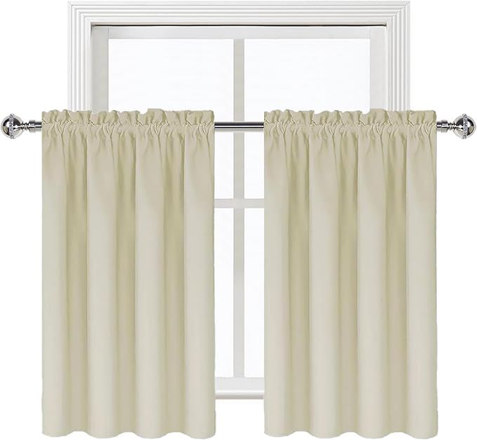 DWCN Light Beige Short Room Darkening Curtains for Kitchen/Bedroom, 42 x 36 inches Long - Energy Saving Window Drapes for Nursery with Rod Pocket, Set of 2 Panels