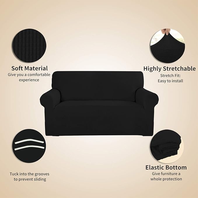 Easy-Going Stretch 4 Seater Sofa Slipcover 1-Piece Sofa Cover Furniture Protector Couch Soft with Elastic Bottom for Kids, Polyester Spandex Jacquard Fabric Small Checks Black
