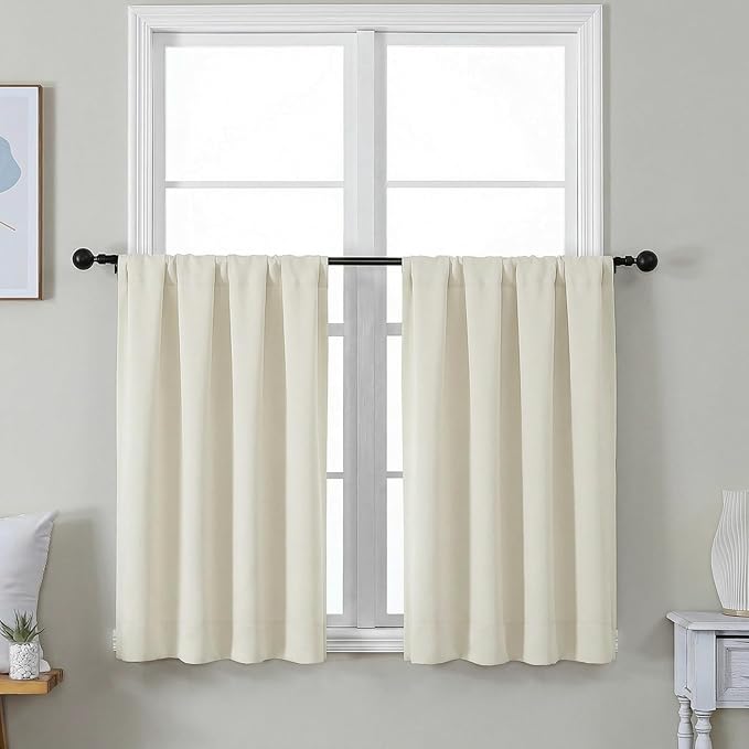 Simplebrand Ava Ivory Short 36 Inches Light Filtering Curtain 2 Panels Set, Half Window Rod Pocket Privacy Curtain Tiers for Kitchen, Curtains Light Filtering for Bathroom, W40 x L36 Inch, Ivory
