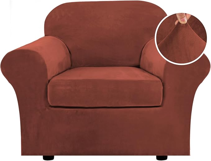 H.VERSAILTEX Rich Polyester and Spandex 2 Piece Cover Chair Slipcover Sofa Cover Furniture Protector Couch Soft with Elastic Bottom Chair Couch Cover with Arms, Machine Washable(Chair, Rust)
