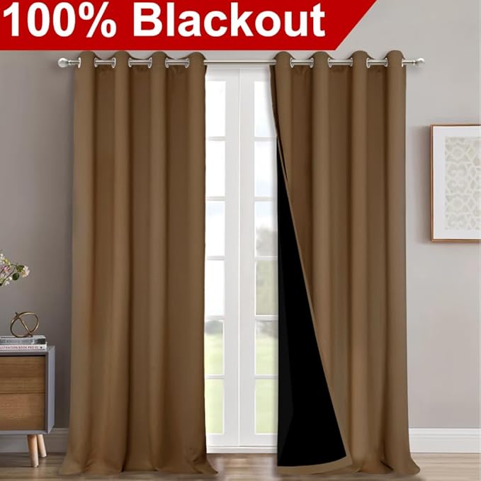 NICETOWN Full Shading Curtains 90" Long 2 Panels Set for Windows, Gold Brown, Pack of 2, 52" W, Super Heavy-Duty Black Lined Blackout Curtains for Bedroom, Privacy Assured Window Treatment