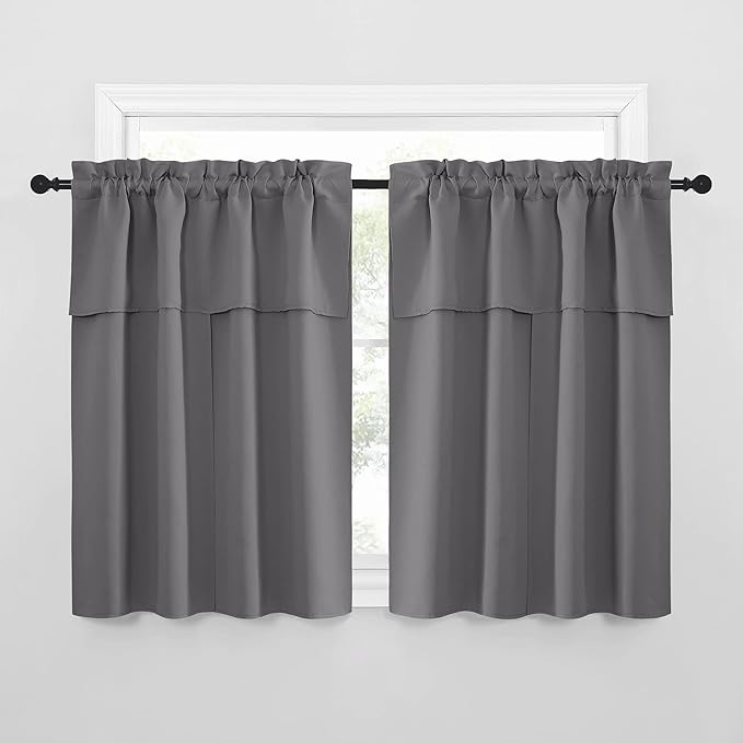 NICETOWN Short Curtains with Attached Valance for Small Window, Thermal Insulated Rod Pocket Room Darkening Curtains for Living Room, 52" Wide x 45" Long, 2 Panels, Grey