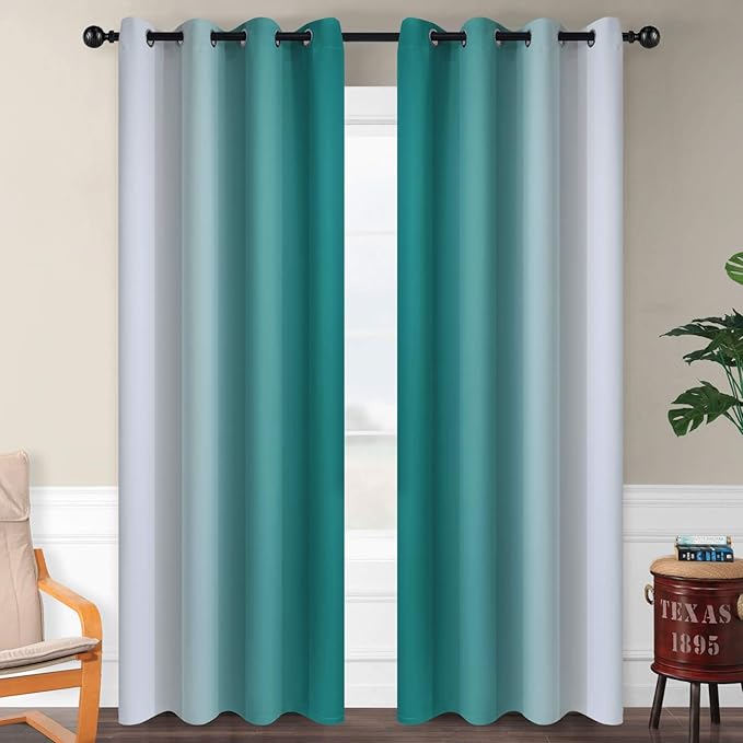 SimpleHome Ombre Room Darkening Curtains 82 inches Length for Bedroom,Grommet Gradient Light Blocking Teal Window Curtains for Living Room,2 Panels, 52x82 inches