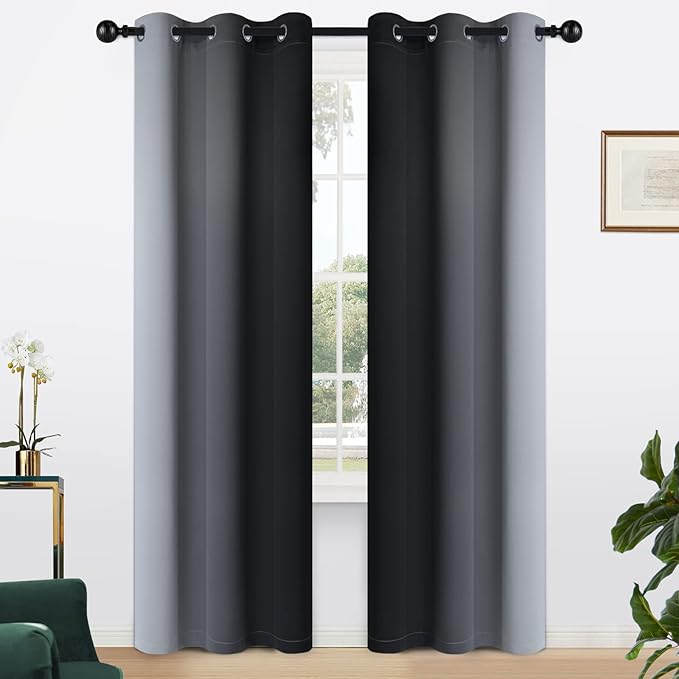 Yakamok Light Blocking Ombre Curtains, Greyish White and Black Gradient Color Curtains, Room Darkening Grommet Window Drapes for Bedroom(Black, 42x84 Inch, 2 Panels)