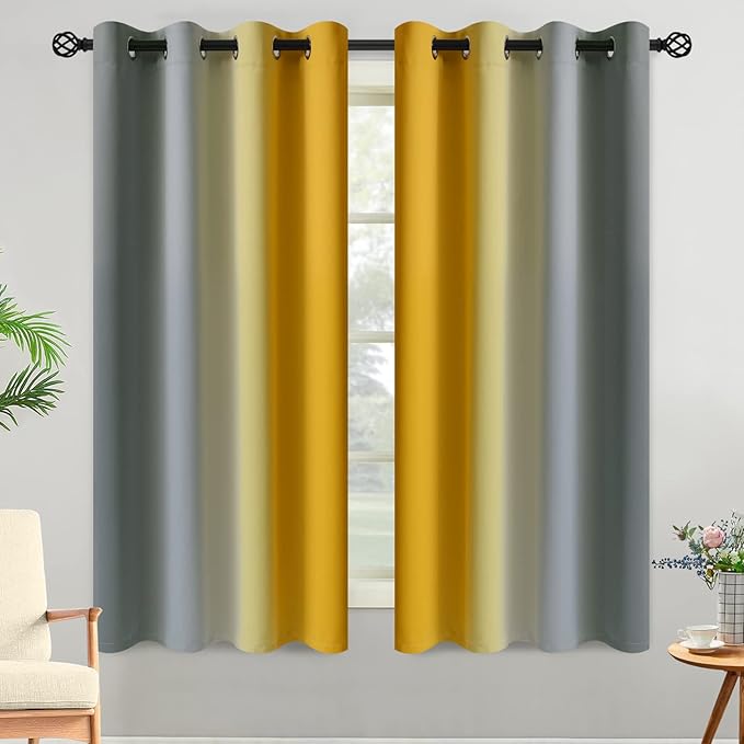 Yakamok Ombre Grey and Yellow Curtains for Bedroom, Gradient Room Darkening Curtains, Grommet Thermal Insulated Light Blocking Window Drapes/Curtain for Living Room,52 x 63 Inch,2 Panels