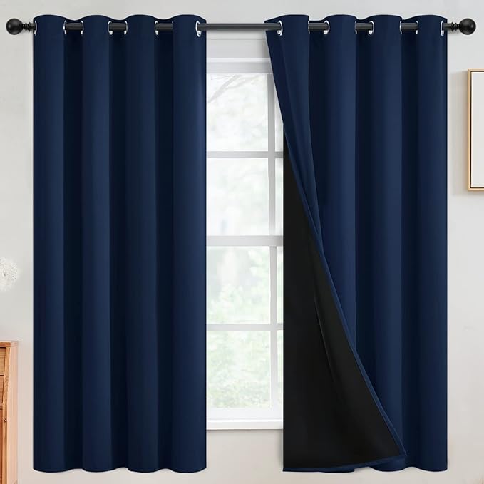 SimpleHome 100% Blackout Curtains for Bedroom,Thermal Insulated Grommet Window Drapes Room Darkening Navy Blue Curtains for Living Room with Black Back,52 x 63 Inch,2 Panels