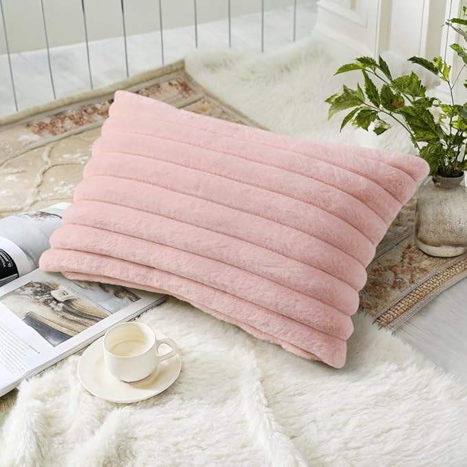 decorUhome Summer Cozy Faux Fur Throw Pillow Covers 12x20 Set of 2 Decorative Soft Plush Striped Lumbar Modern Farmhouse Boho Couch Pillow Cases with Velvet Back for Sofa Bed Living Room, Pink