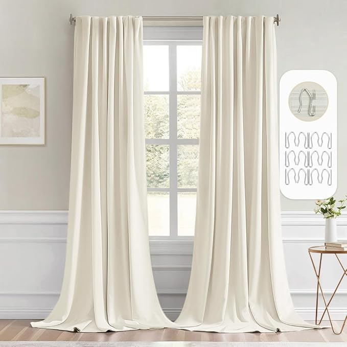 MIULEE Beige White Back Tab Blackout Curtains 108 Inch Long 2 Panels Set for Bedroom, Rod Pocket/Pinch Pleat Extra Long Thermal Insulated Living Room Darkening Pleated Light Blocking Drapes