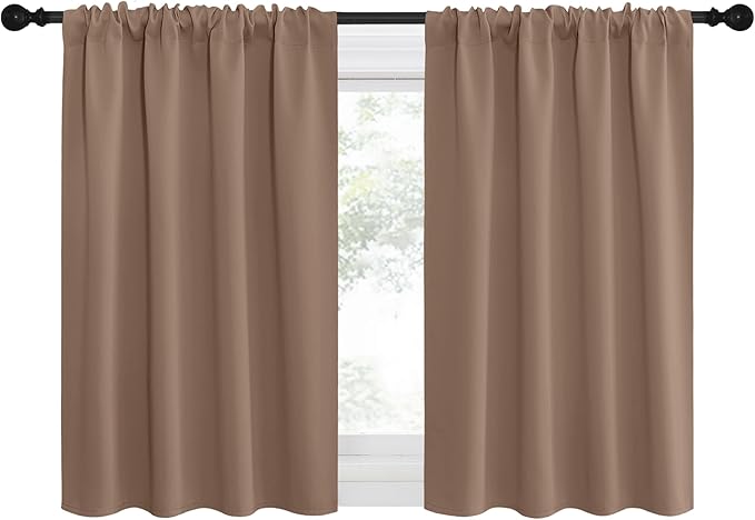 NICETOWN RV Blackout Curtains for Camper Windows, Window Treatment Thermal Insulated Rod Pocket Small Blackout Draperies/Drapes for Bedroom/Kitchen (Cappuccino, Set of 2, 34" Wide by 30" Long)