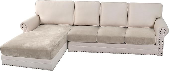 H.VERSAILTEX Velvet Stretch Sectional Couch Covers 4 Pieces Sofa Seat Cushion Covers L Shape Separate Couch Cover for Both Left/Right Sectional Couch (Large Sofa 3 Seater + 1 Chaise, French Oak)