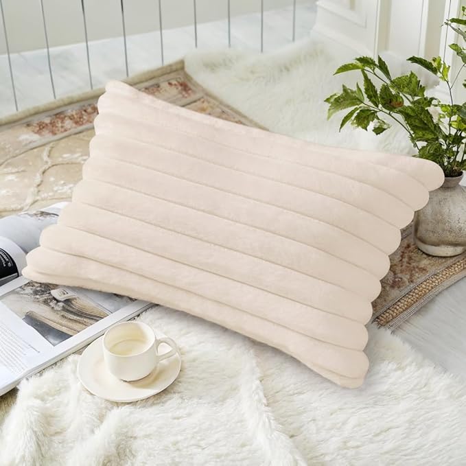 decorUhome Summer Cozy Faux Fur Throw Pillow Covers 12x20 Set of 2 Decorative Soft Plush Striped Lumbar Modern Farmhouse Boho Couch Pillow Cases with Velvet Back for Sofa Bed Living Room, Beige