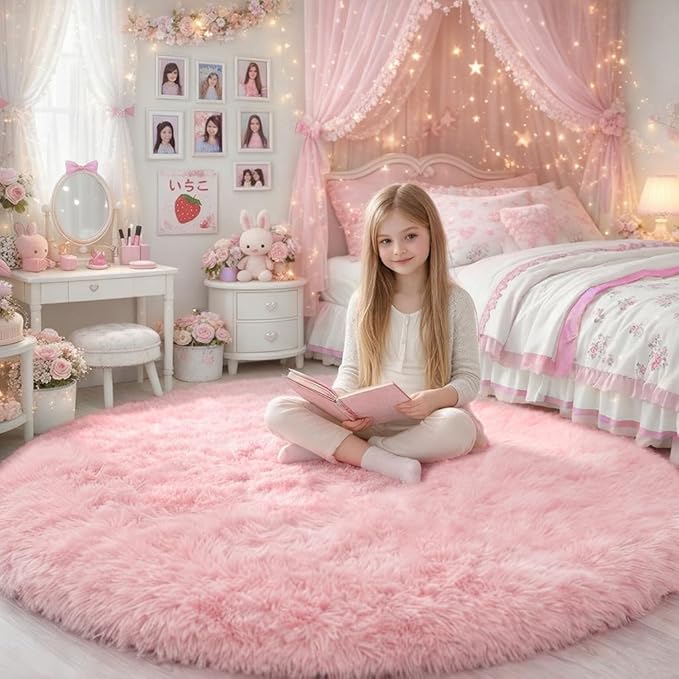 Amdrebio Pink Round Area Rugs 8Ft for Living Room, Bedroom Decor, Soft Large Circle Rug for Kids Room, Teen Girls, Fluffy Big Carpets for Baby Nursery, Dorm, Classroom, Cute Kawaii Princess Carpet