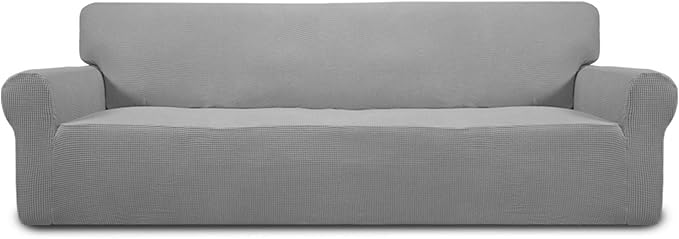 Easy-Going Stretch 4 Seater Sofa Slipcover 1-Piece Sofa Cover Furniture Protector Couch Soft with Elastic Bottom for Kids, Polyester Spandex Jacquard Fabric Small Checks Light Gray