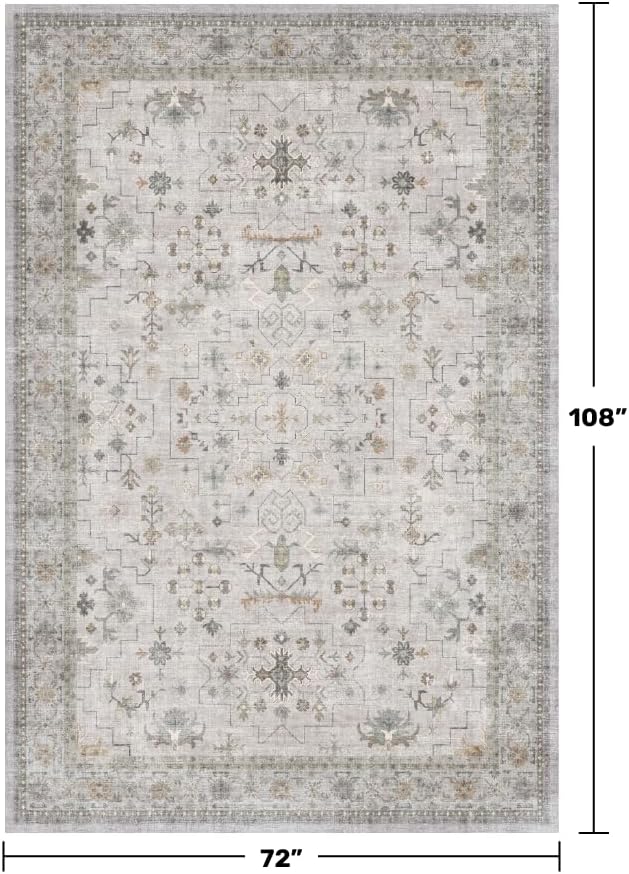 Hazo Haus Boho Light Grey Living Room Rug 6x9 - Modern Vintage Eclectic Floral Paste Neutral Taupe, Washable Low Pile Non-Slip Large Area Rugs for Dining Under Table Bedroom
