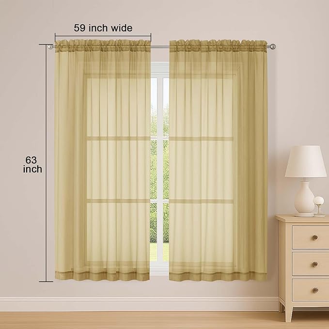 OWENIE Sheer Gold Curtains, Sheer Curtains 63 inch Length 2 Panels Set, Rod Pocket Voile Fimly Sheer Drapes for Living Room Bedroom, 2pcs, Gold, Each 59" W x 63" L