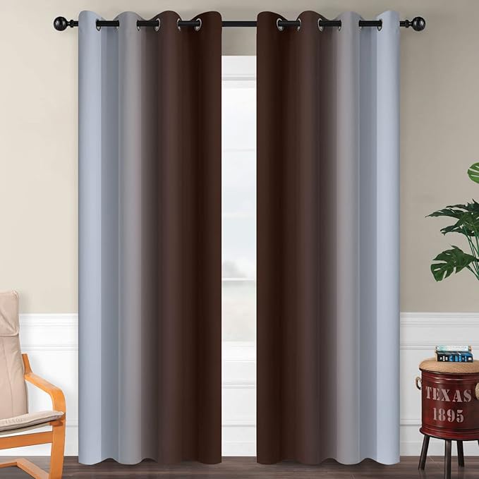 SimpleHome Ombre Room Darkening Curtains for Living Room, Light Blocking Gradient Brown to Greyish White Thermal Insulated Grommet Window Curtains/Drapes for Bedroom, 2 Panels, 52x84 inches Length