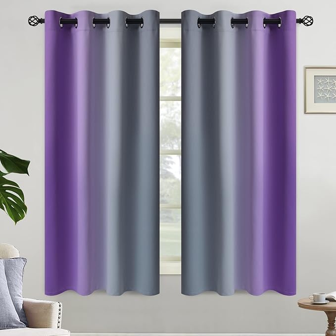 Yakamok Ombre Purple and Grey Curtains for Bedroom, Gradient Room Darkening Curtains 63 inches long,Grommet Thermal Insulated Light Blocking Window Drapes/Curtain for Living Room,52 x 63 Inch,2 Panels