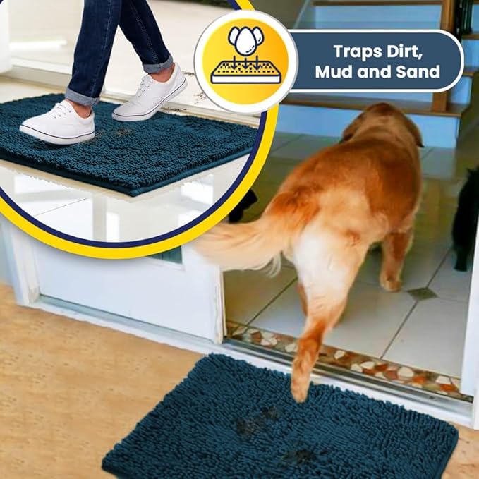 Muddy Mat® | Super Absorbent Door Mat Indoor, Microfiber Quick Dry Chenille Entryway Rug, Non-Slip Front Door Mat, Indoor Mats for Entryway, Machine Washable Pet Rug, Atlantic Blue 36"x120"