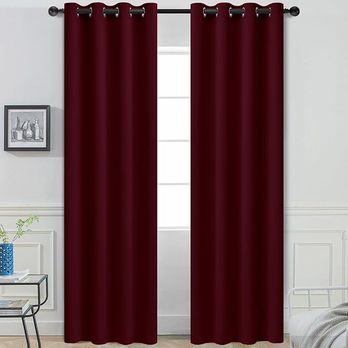 Yakamok Blackout Curtains for Bedroom, Thermal Insulated Blackout Window Curtains with Grommet Top for Living Room- Wine Red- 52W x 84L -2 Panels