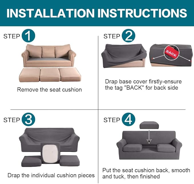 Turquoize 4 Piece Sofa Covers for 3 Cushion Couch Sofa Slipcover Soft Couch Cover for Dogs-Washable Sofa Furniture Covers with 3 Individual Cushion Covers, Jacquard Fabric (3 Cushion Sofa, Gray)