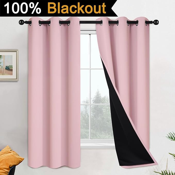 Yakamok Full Blackout Curtains 63 Inches Long,Blackout Curtain Panels for Bedroom, 2 Thick Layers Grommet Top Thermal Insulated Drapes with Black Liner for Living Room(Pink, Set of 2)