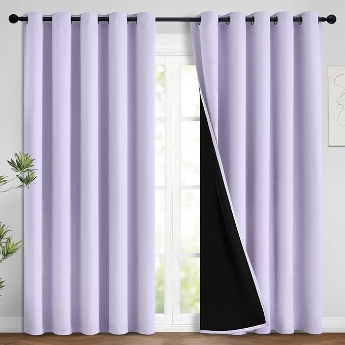 Yakamok 100% Blackout Lined Panels, Room Darkening Thermal Insulated Blackout Curtains for Bedroom, Heat Blocking Drapes for Living Room(62Wx84L, Lilac, 2 Panels)
