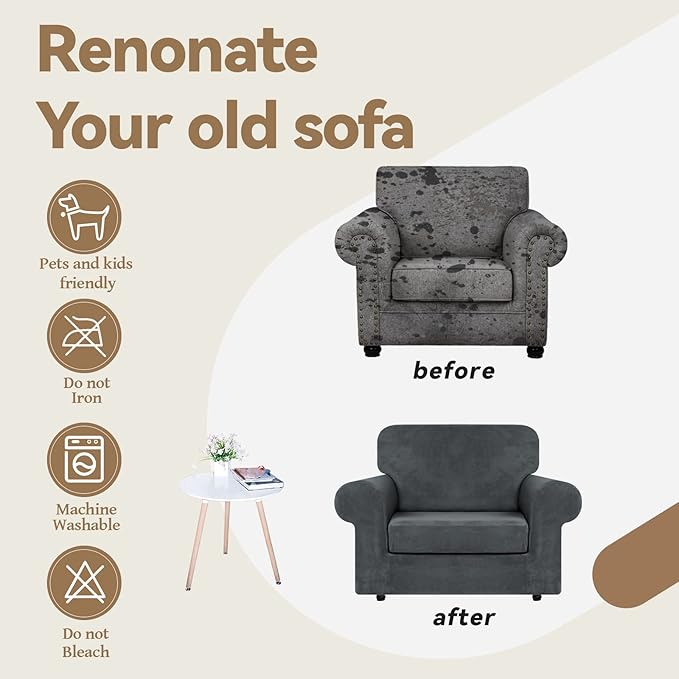 WEERRW Velvet Stretch Chair Sofa Slipcover - 2 Pieces Luxury Soft Velvet Plush Couch Cover Furniture Protector with Elastic Bottom for Pets, Machine Washable, Dark Gray, Small
