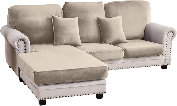 Couch Cover 3-Piece Elastic Velvet Couch Cushion Covers & Chaise Slipcovers for L-Shaped Sofas - Sofa Seat Covers Washable, Soft Protector for Couches (2 Seater + Chaise, Taupe)