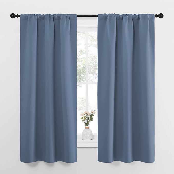 NICETOWN Bedroom Curtains, Home Decoration Solid Thermal Insulated Draperies & Drapes, Blackout Window Curtains for Kitchen (Stone Blue, 2 Panels, 34 in x 63 in (W x L))