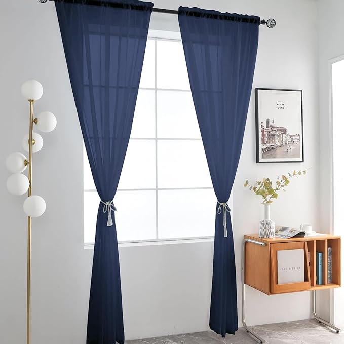 SpaceDresser Sheer Voile Window Treatment Rod Pocket Curtain Panels for Kitchen Bedroom Living Room Drapes Sunlight Filtering Privacy Semi Home Decor Assorted Colors Sizes (Navy, 52 W x 54 L)