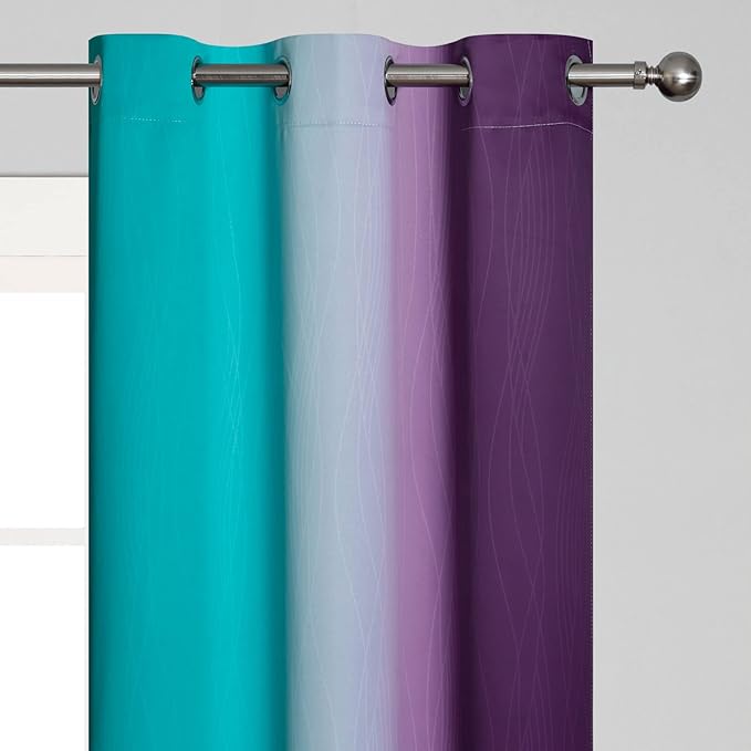 Teal Blackout Curtains 84 Inches Long, Ombre Purple Blackout Curtains for Bedroom, Grommet Thermal Insulated Gradient Drapes, Full Light Blocking Curtains for Kids Room,42x84 Inch, 2 Panels