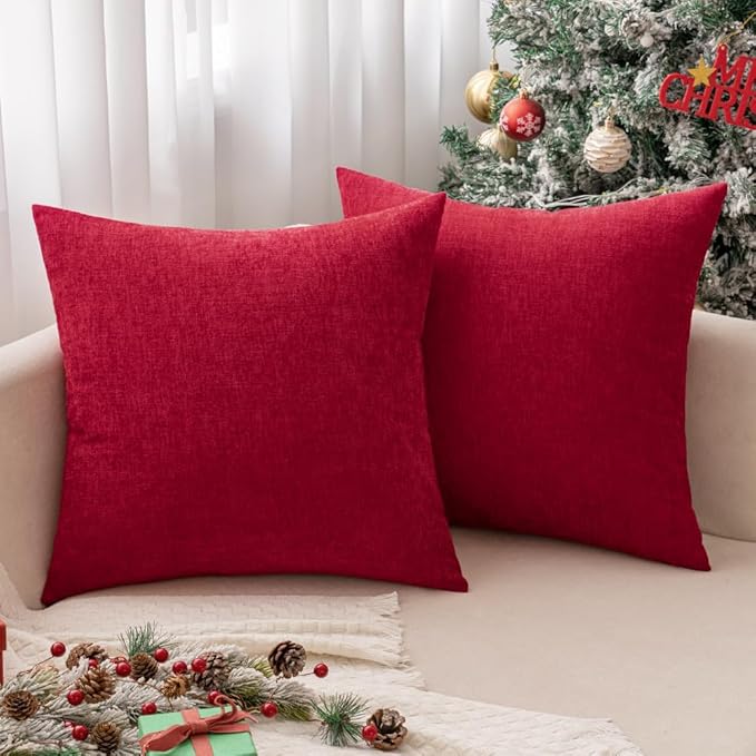 MIULEE Pack of 2 Red Couch Throw Pillow Covers 20x20 Inch Soft Polyester Chenille Pillow Covers for Sofa Living Room Solid Dyed Pillow