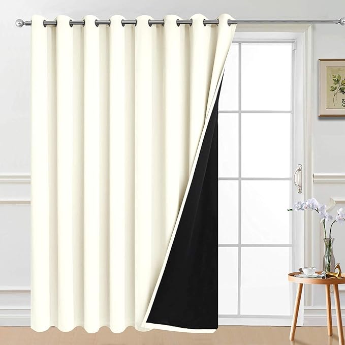 Yakamok Extra Wide 100% Blackout Full Shading Curtains for Patio Door, Thermal Backing Sliding Glass Door Drape, Privacy Assured Window Treatment for Sliding Door Curtains, Cream, W100 x L96, 1 Panel