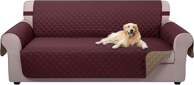 U-NICE HOME 4 Seater Sofa Cover 91 Inch Large Couch Covers for 4 Cushion Couch with Elastic Straps Water Resistant Furniture Protector Cover for Pets Cat (Sofa XX-Large, Burgundy/Tan)