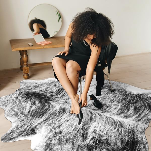 AROGAN 8×10 Feet Western Decor Faux Fur Cowhide Rug, Premium Animal Skin Cow Hide Rug, Sturdy Cow Print Rugs for Wall Decor, Western Floor Carpet for Bedroom Living Room, Black and Grey