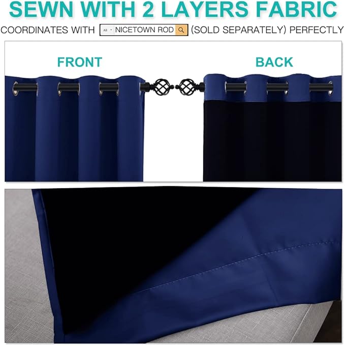 NICETOWN 100% Blackout Curtains with Black Liners, Thermal Insulated 2-Layer Lined Drapes, Energy Efficiency Small Window Draperies for Dining Room (Royal Blue, 2 Panels, 52 inches W by 54 inches L)
